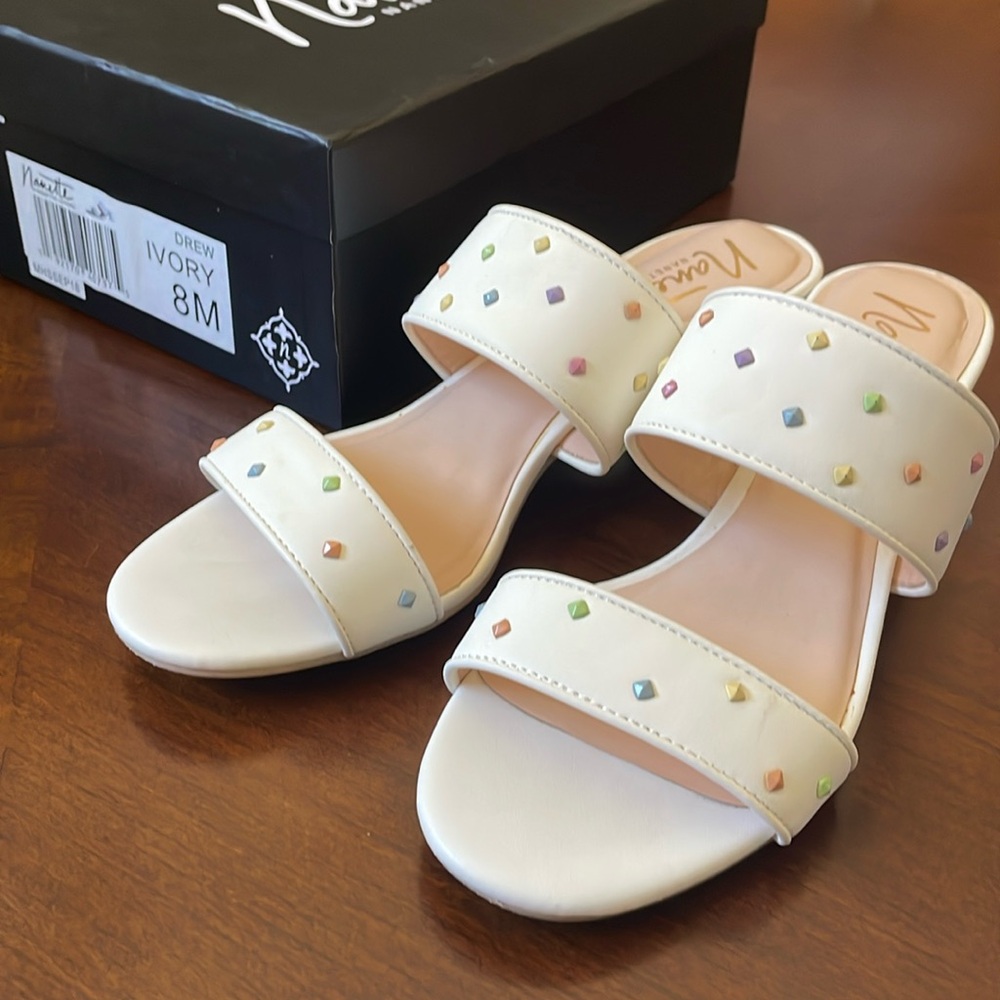 Nanette Lepore Ivory Drew Slide Sandals Size 8 Block Heel Pastel Studded